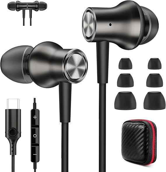 Jiunai USB C Headphone for iPhone 17 Pro Max Type C Wired Earbud Metal Grey