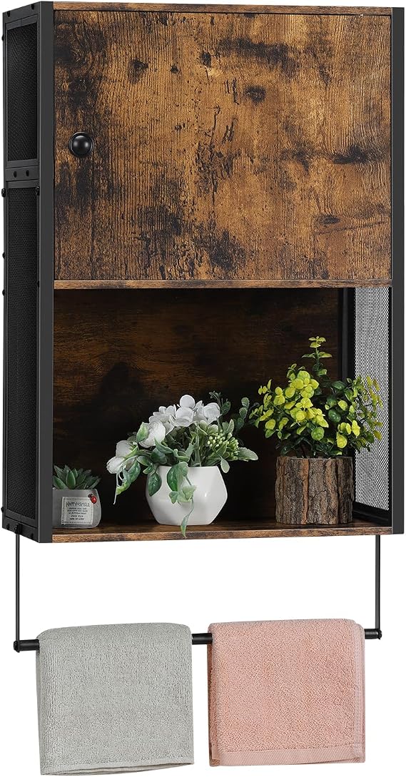 CADUKE Farmhouse Medicine Cabinet, Bathroom Wall Cabinet with Towel Bar, Hanging Wall Cabinet with Open Storage Space, Over The Toilet Sapce Saver Storage Cabinet for Bathroom, Laundry