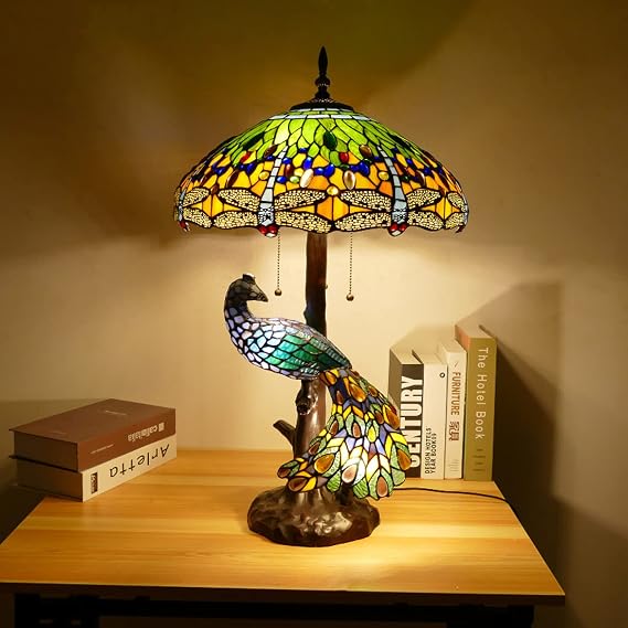 Tiffany Style 5-Lights Dragonfly Table Lamp Vintage Handmade Stained Glass Desk Lamp with Peacock Base for Living Room Bedroom Cafe Bar,Green