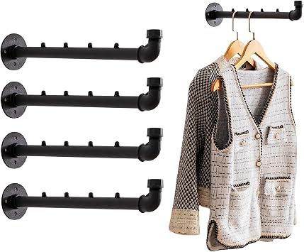 Homeyeeng Industrial Wall Pipe Clothes Bar - Heavy Duty Metal Coat Hanger with Hook, Wall-Mounted Garment Holder Racks,Wall Clothing Racks/Hanging Rail, 4Pcs
