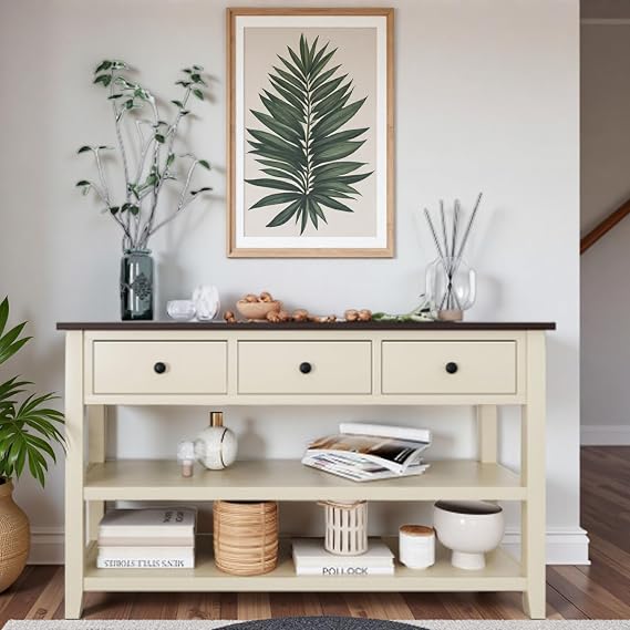 Mid-Century Console Table with 3 Drawers and 2 Bottom Shelf, 50 inch Sofa Table for Living Room Hallway, 3 Tier Console Table with Storage, EspressoBeige