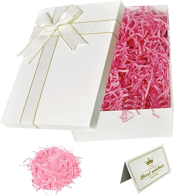 White Gift Boxes with Lids Large 25x18x8.5cm | Foldable Present Box with Ribbon, Greeting Card and Shredded Paper for Weddings, Birthdays, Anniversaries Christmas Halloween