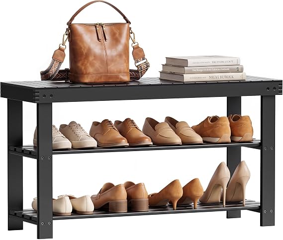 SMIBUY Bamboo Shoe Rack Bench, 3-Tier Shoe Organizer Storage Shelf for Entryway Hallway Bathroom Living Room (Black)