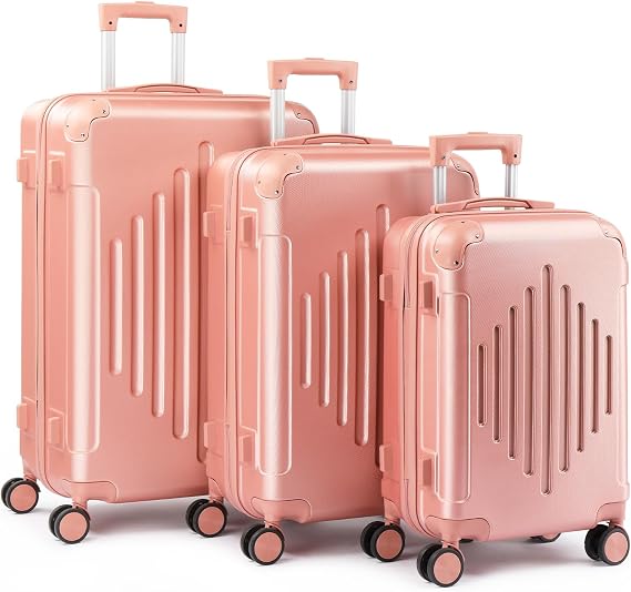 Suitcase Sets 3 Piece, Hardside ABS Luggage, Rose Gold