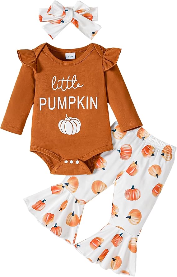 Halloween/Thanksgiving Baby Girl Outfit Pumpkin Romper+Flared Pants Infant Fall Clothes 0-18M