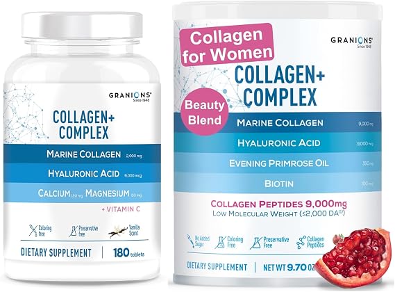 Granions Collagen Complex Calcium Magnesium and Marine Collagen Pomegranate Powder Wellness & Beauty Bundle