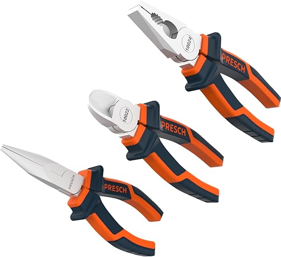 Presch Pliers Set 3 pcs. - Professional Heavy Duty Plier Set with Needle Nose Pliers, Side Cutter 160 mm and Combination Plier 180 mm Long