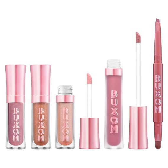 BUXOM Full-On Plumping Lip Polish, Tinted Lip Plumper Gloss with Peptides & Vitamin E, High-Shine Lip Gloss that Nourishes, Vegan, CK 4 Piece Set (Dolly, Sarina, Sophia, Celeste)