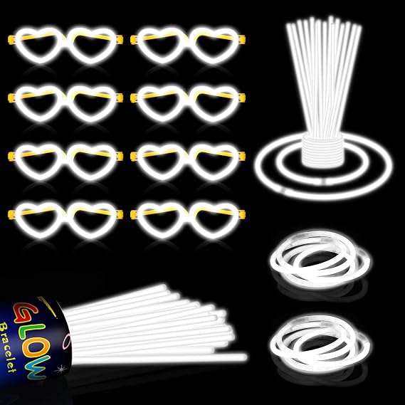 60 Pack 8 White Glow Sticks Bulk Bright Glow Sticks with 60 Connectors 20 Heart Glasses Glow In The Dark Party Supplies Neon Party Decorations Glow Bracelet Glasses for Carnival(White)