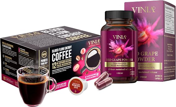 VINIA Resveratrol Heart Health, Piceid Resveratrol Capsules (30 Count) + Superfood Coffee K-Cup Pods (60 Count) | Supports Blood Flow, Nitric Oxide & Energy