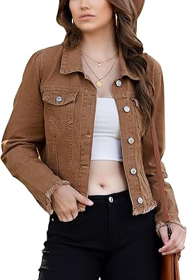 MISS MOLY Jean Jacket Womens Frayed Washed Button Up Cropped Denim Jacket w 2 Side Pockets