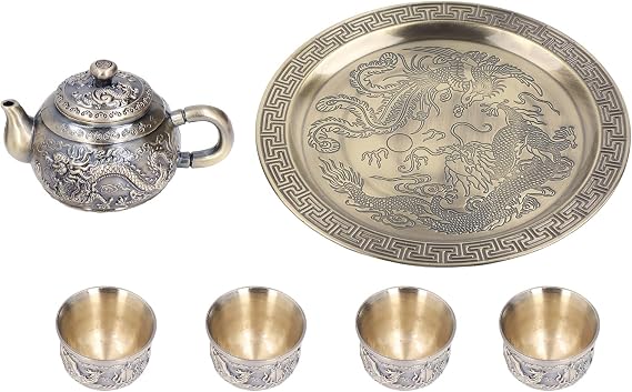 Tea Pot, Exquisite Metal Vintage Moroccan Tea Set with 4 Cups Plate, Luxurious Relief Pattern, for Gift Table Decoration