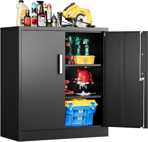 Metal Garage Storage Cabinet with Doors and Adjustable Shelves | 35.4" Locker Organizer Steel Garage Cabinets, Lockable File Cabinet for Home, Office, Warehouse, Tools
