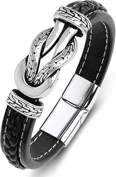 Men's Braided Leather Bracelet Wristband Cuff Bracelet for Men Gifts Stainless Steel Clasp