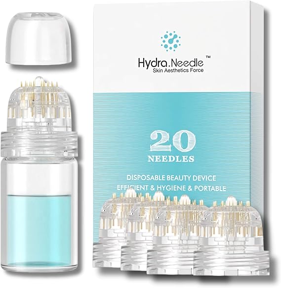 Derma Stamp Hydra Needle, At-home Facial Tool with 4 Microneedling Stamp Replacement Heads Gold Titanium 20 Pins Length 0.5mm, Reusable Serum Applicator Bottle for Hair, Beard, Stretch Marks, Scars