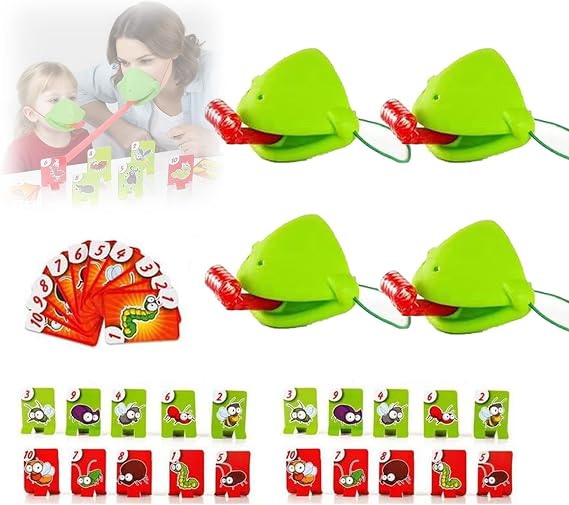 Chameleon Tongue Shooting Game, Frog Tongue Game with Mouth Mask for Kids, Insect Cardboard Include, for Christmas Party (4 People)