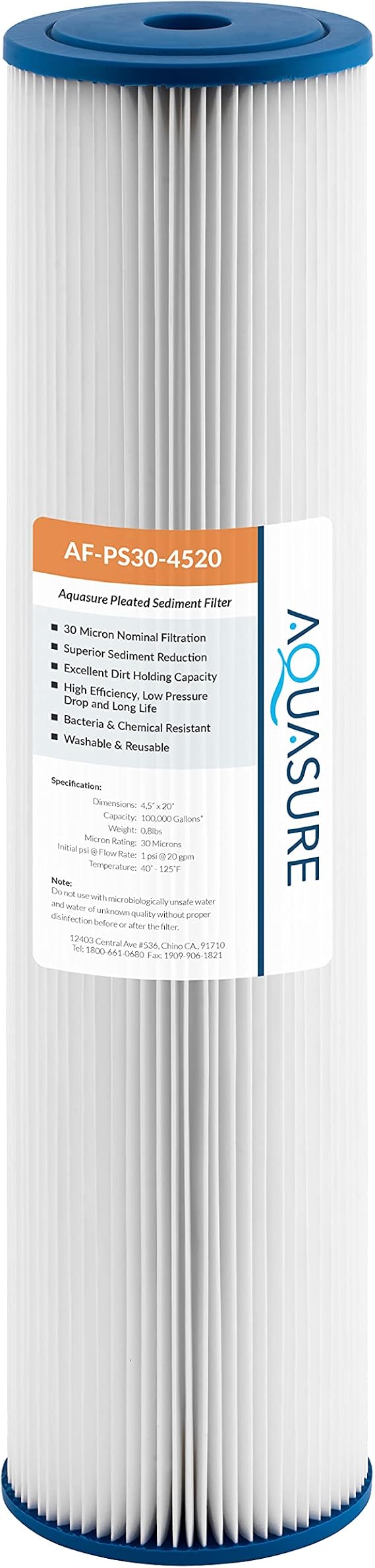 Aquasure Fortitude 30 Micron Pleated Sediment Whole House Water Filter - 20" x 4.5"