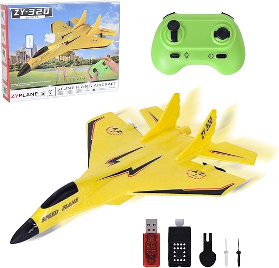 RC Plane 2 Channel, Remote Control Foam Fighter Airplane Toy, 2.4 GHz Gyro Stabilizer, Easy to Fly for Adults Kids Beginners Boys, USB Charging, Cool Lighting, Yellow