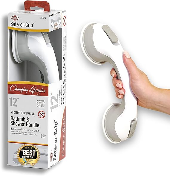 Safe-er-Grip Safe-er-Grip Changing Lifestyles Suction Cup Grab Bars for Bathtubs & Showers; Safety Bathroom Assist Handle, White & Grey, 12 inches | Changing Lifestyles, For Bathtubs & Showers, Safety Bathroom Assist Handle