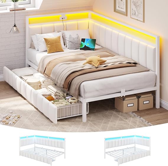 DICTAC Single Bed Frame with 2 Storage Drawers,Charging Station and Led Lights 3ft Single Daybed with Storage 90x190 Corner Platform Bed with Upholstered Guardrail,Space-Saving Single Sofa Bed,Beige