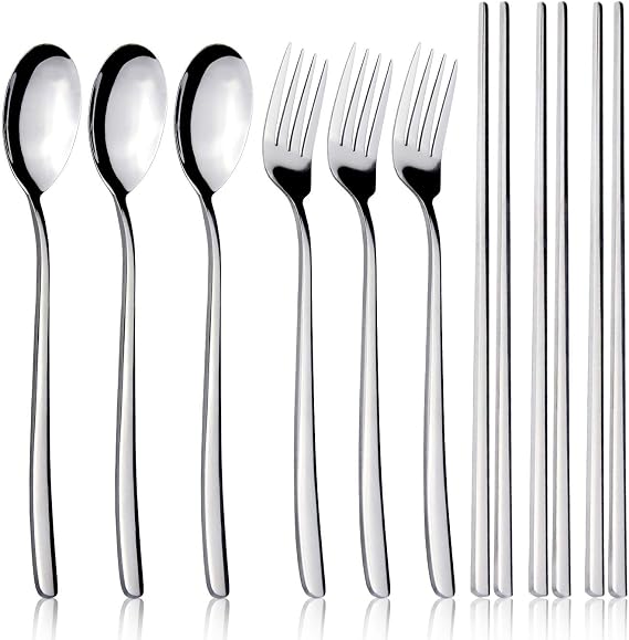 IQCWOOD Spoons and Forks Flatware Set, 3 Pairs Chopsticks Forks and Spoons Silverware Korean Utensil Set, Stainless Steel Korean Dinnerware Portable Utensils for Home