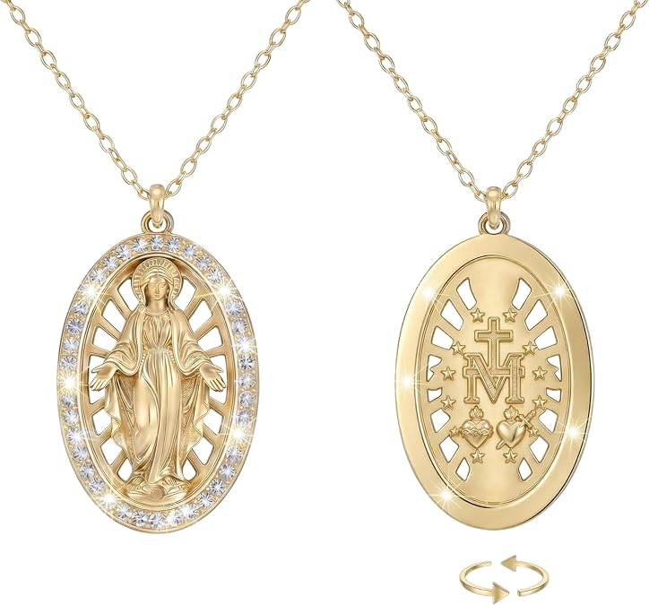 925 Sterling Silver Virgin Mary Necklace for Women 14K Gold Plated Virgin Mary Pendant Catholic Jewelry Guadalupe Religious Gift for Women
