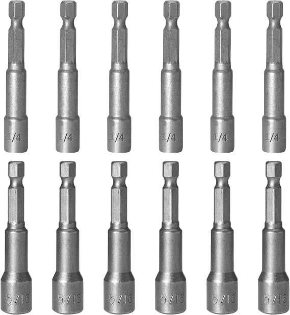 14 and 516 Inch Magnetic Nut Driver Bit Set, 12 Pcs Chrome Vanadium Steel Impact Drill Bits, Quick Change Socket Nut Driver Adapter with Hex Shank, 65mm Length