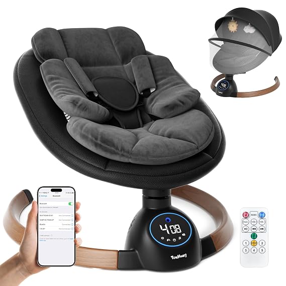 Electric Baby Swing for Infants, Bluetooth Music, 5 Swing Speeds, 3 Timer Settings, Remote & Touch Control, Washable Seat, Canopy w/Mosquito Net, Newborn Gift, 0-9 Months (Max 20lb), Black