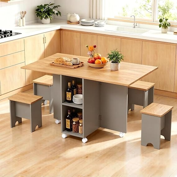 Warmiehomy Foldable Dining Table and Chairs Set 4, Natural & Grey | Drop Leaf Space Saving Table and Chairs, Folding Dining Room Table with Storage Shelf and 4 Chairs for Kitchen, Living Room