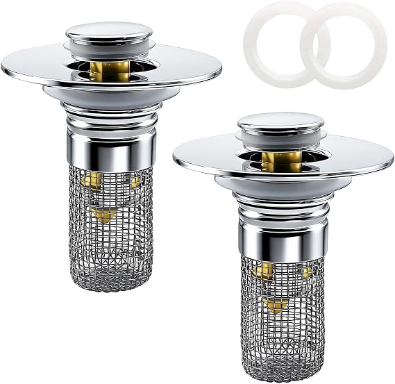 Bathroom Sink Drain Strainer, Pop-up Sink Drain Strainer with Removable Strainer Basket Hair Catcher, Bathroom Sink Stopper,2 Packs
