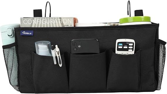 Surblue Bedside Organizer with Hook Bedside Caddy Hanging Storage Bag with Adjustable Straps and Water Bottle Holder for Home College Dorm Bunk Bed Accessories, Crib Bed Rails, Hospital Bed, Black