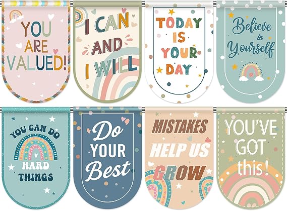 School Classroom Curtains 8 PCS Boho Rainbow Colorful Curtain Back to Classroom Decor Window Cover Positive Affirmations for Kindergarten Daycare Primary Bedroom Playroom School Girl Style Decoration