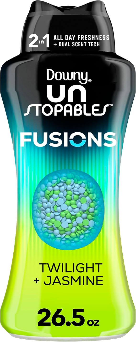Downy Unstopables Fusions Scent Duos Laundry Scent Booster Beads, Twilight and Jasmine Scent, 26.5 OZ, 24hr non-stop freshness with 2 in 1 dual scent laundry scent beads
