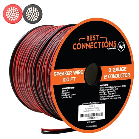 BEST CONNECTIONS Speaker Zip Wire (Various Gauge/Size Options) Primary Bonded Red & Black Speaker Cable Stranded Speaker Wire Car Audio Automotive Home Theatre (100 Feet, 8 Gauge)