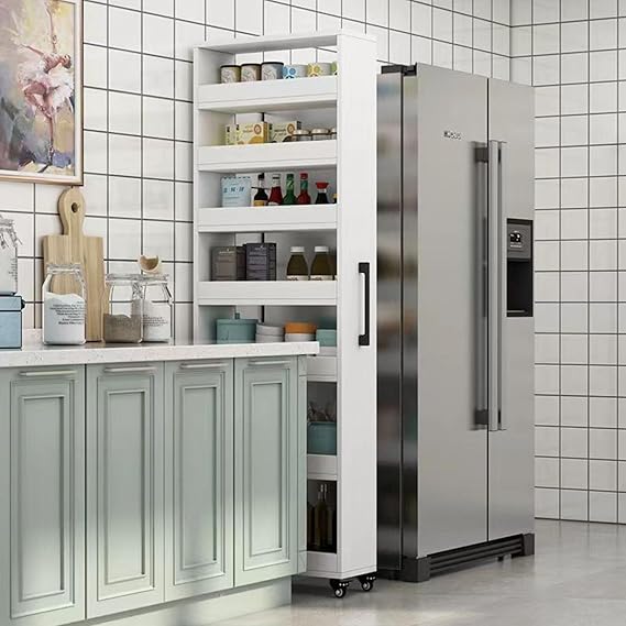 White,Large, Slim Storage Cart, Kitchen Rolling Cart, Narrow Storage Cabinet with Handle & Wheels, Wood Spice Rack Next to Fridge, Pantry Shelf for Kitchen, Small Spaces