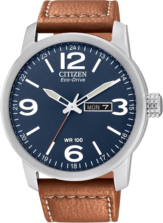 Citizen Men's Strap Watch, Blue, 42MM, BM8479-09L | Eco-Drive Solar Powered, Mineral Crystal, 100M Water Resistant, Brown Leather Strap
