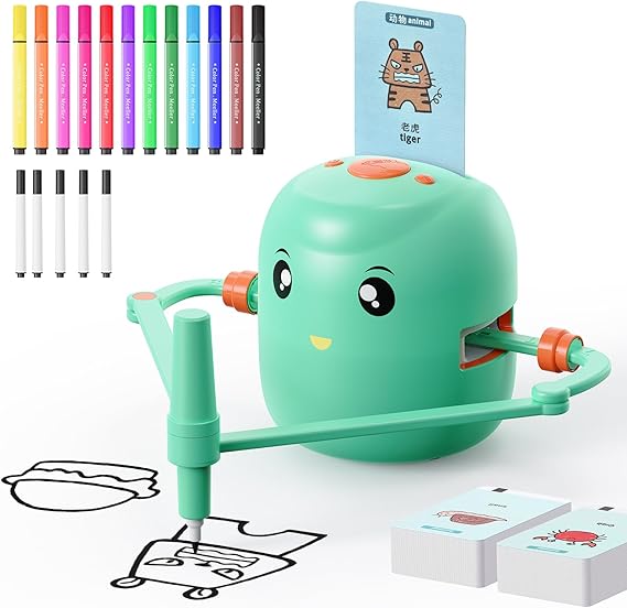 Interactive Educational Drawing Robot for Kids - Montessori Learning Toy with 150 Word Cards, Voice Interaction, Ages 5+ (Green)