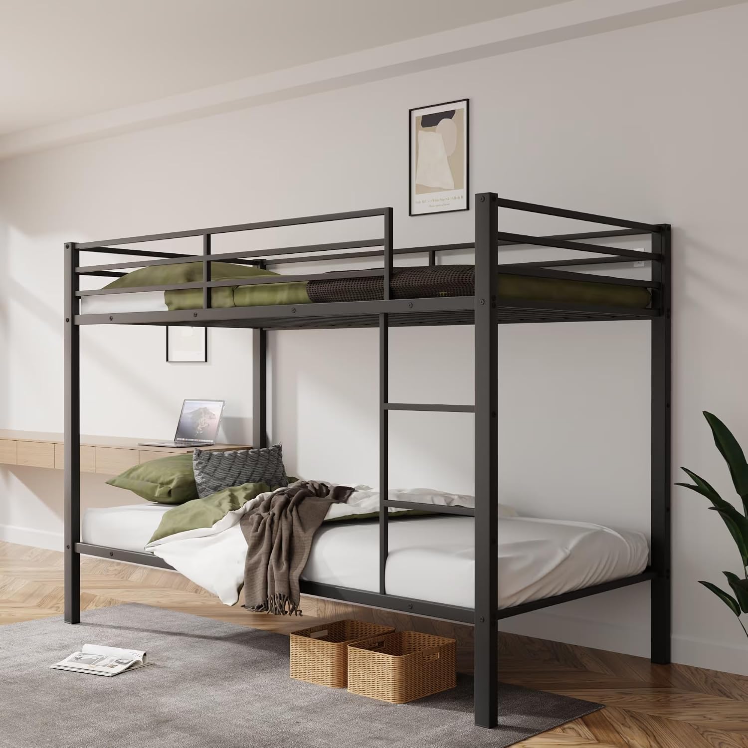 Metal Bunk Bed Twin Over Twin, Low Profile Bunk Bed Frame withBuilt-in Ladder, High Guardrail and Metal Slats, Space-Saving Twin Size Bed Frame for Kids Teens, No Box Spring Required, Black