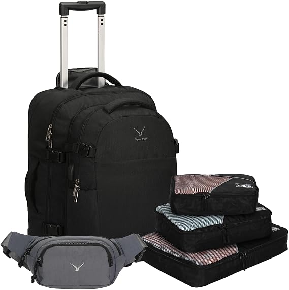 2 in 1 Travel Backpack 22 inches Carry on Luggage 63L Rolling Backpack for Men Women with Packing Cubes 3PCS Set Black Waist Pack Grey