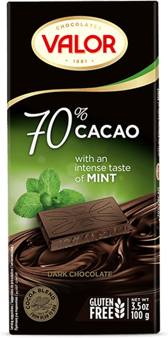 Valor Dark Chocolate Bar - 70% Dark Chocolate with Mint, Deliciously Smooth Dark Chocolate Bars made with Fine Cacao, Gluten Free, Crafted by Master Chocolatiers, 100g Bar
