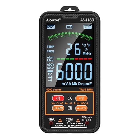 AS-118D Smart Digital Multimeter Auto-Ranging Voltmeter Electrical Tester Measures Voltage Current Capacitance Resistance Continuity Duty-Cycle Temperature Frequency(Black)