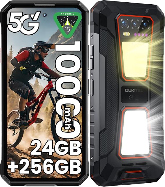 WP58 PRO 5G Rugged Smartphone, 24GB+256GB Rugged Phone Unlocked, Android 15 Dual Camping Lights 10000mAh, 6.7" 120Hz Display,64MP+8MP Camera, IP68 Waterproof, 5G Dual SIM/NFC/GPS/OTG Orange