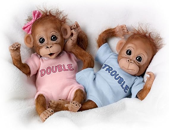 The Ashton-Drake Galleries Double Trouble Baby Orangutan Twin Dolls by Cindy Sales, Poseable Lifelike Monkey Dolls with Hand-Applied Hair and Personalized Outfits