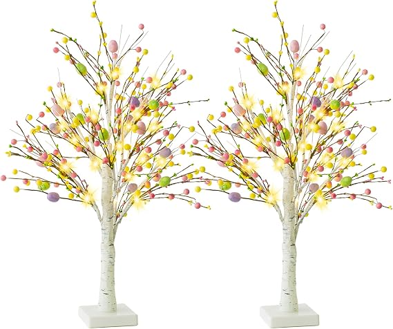 Ethlomoer Easter Decorations, 2 Pcs 25 Inch Pre-Lit Easter Egg Tree with Timer, Battery Powered Birch Tree with 24 LED Lights, Easter Trees for Home Party Wedding Holiday Spring Decoration