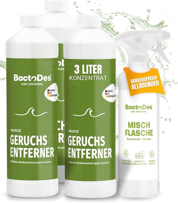 BactoDes - Neutral geruchsloser & probiotischer Allzweckreiniger 3x1L Konzentrat mit Sprayflasche - Spezial Geruchsneutralisierer mit bio Mikroben-Wirkung - Effektiver Enzymreiniger & Geruchsentferner