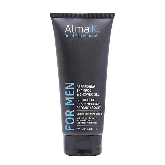 Alma K Refreshing Shampoo and Shower Gel - 2 in 1 Mens Body Wash and Clarifying Shampoo - Antioxidant-Rich with Argan Oil, Dead Sea Minerals - 6.8 oz