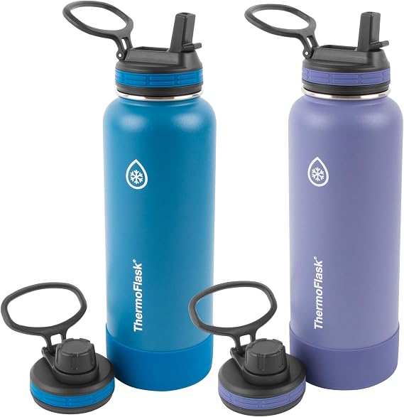 ThermoFlask 40oz Double Wall Vacuum Insulated Stainless Steel Water Bottle, 2 Pack, Blue/Mauve