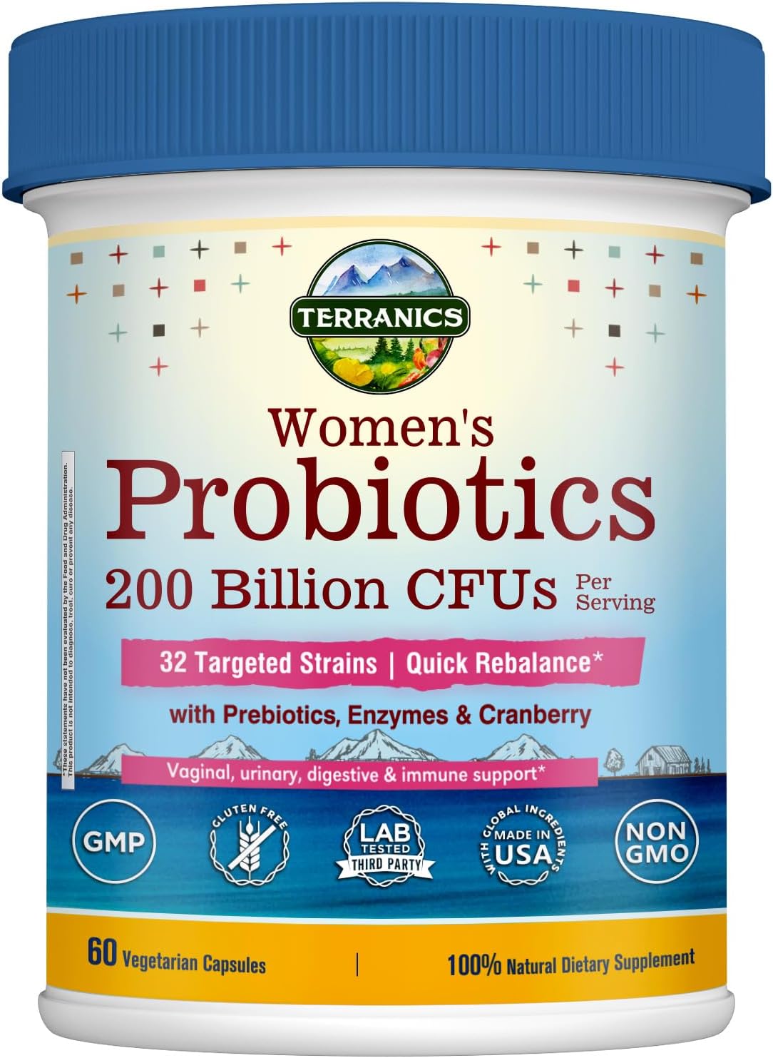 Terranics Daily Probiotics for Women, 200 Billion 32 Strains Womens Probiotics, with Cranberry, Prebiotics & Enzymes, Rebalance Vaginal Flora & pH, Delayed Release, Shelf Stable, 60 Vegan Caps