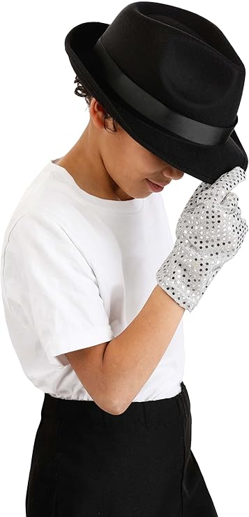 Iconic Child Moonwalk Michael Jackson Glove & Hat Kit | Sequin Glove & Hat Accessory Kit for Kids