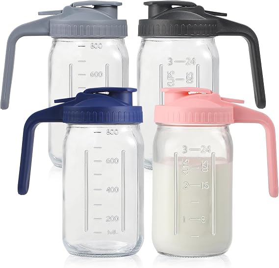 4Pack 32oz Glass Pitcher with Lid, Wide Mouth Storage Container,1 Quart. | Double Leakproof Glass Mason Jar Pitcher with Pour Spout Lid, for Breastmilk, Sun Tea, Juice, Cold Brew Coffee, Water